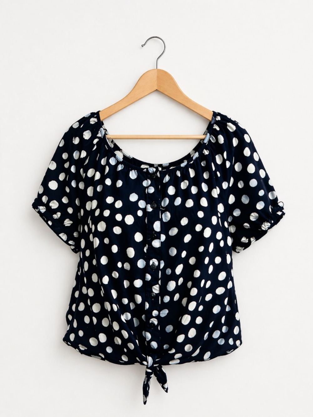 Cato Polka Dot Tie Front Blouse L Navy White Short Sleeve Casual Summer Top